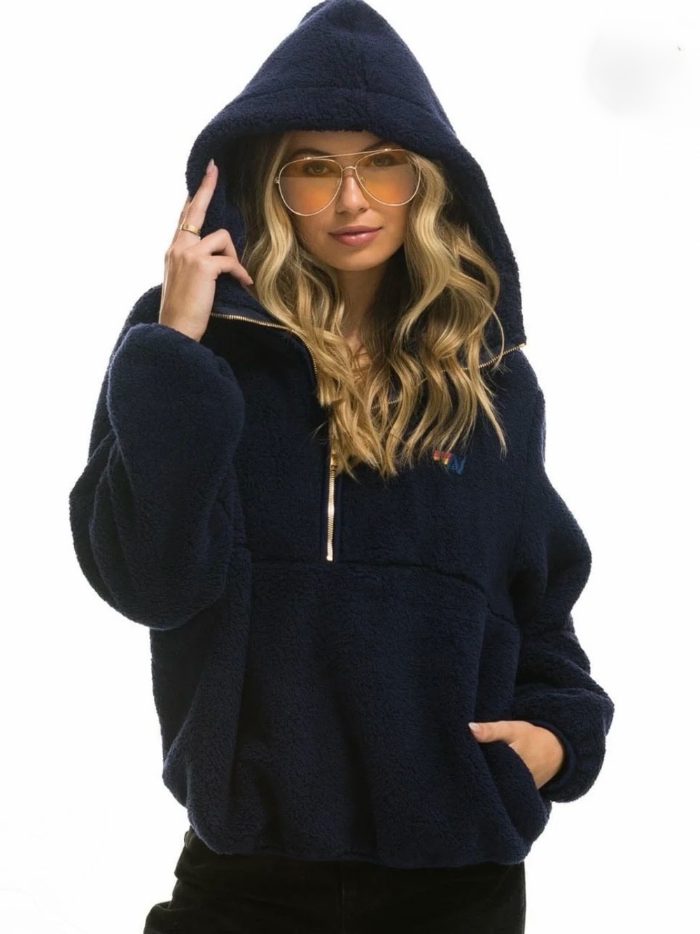 AVIATOR NATION Teddy Unisex Hooded Half Zip Jacket in Navy Size Large